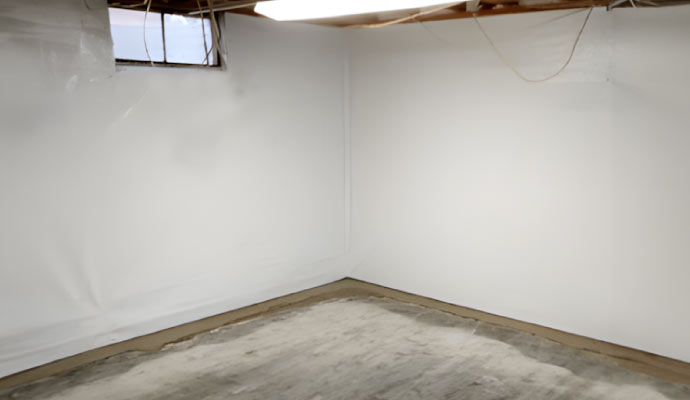 a finished basement with fresh white walls