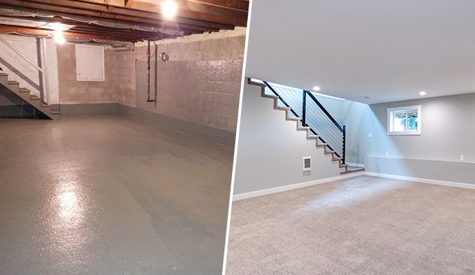 a collage of befor and after of basement mold remediation 