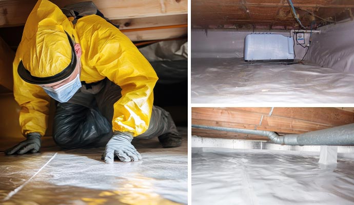 Collage of crawl space inspection, dehumidification system installation, and encapsulation Collage of crawl space inspection, dehumidification system installation, and encapsulation