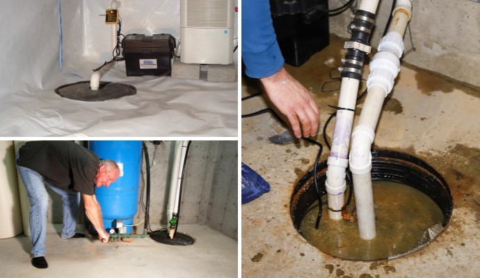 Collage of sump pump installation, repair, and maintenance services Collage of sump pump installation, repair, and maintenance services