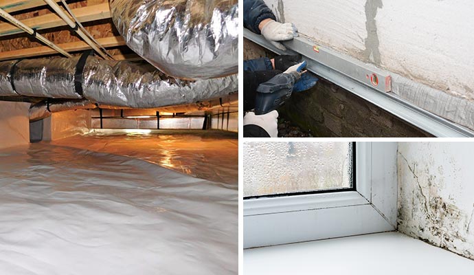 A collage showcasing crawl space insulation and moisture control solutions