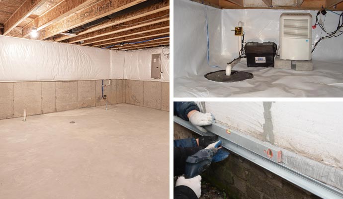Collage of waterproofed basement, sump pump, and foundation repair Collage of waterproofed basement, sump pump, and foundation repair