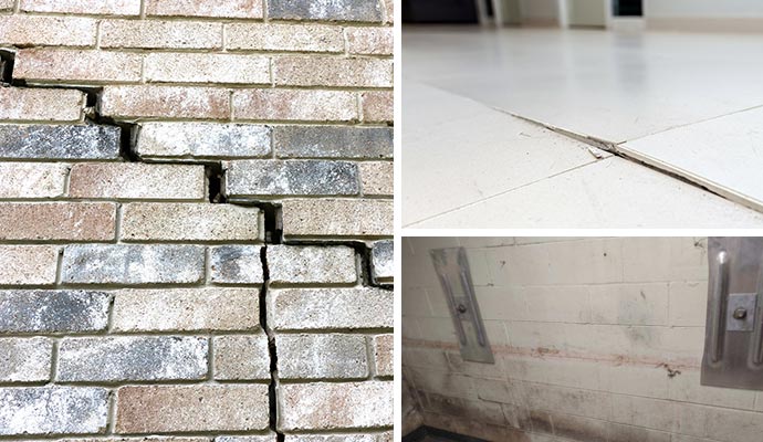 Collage of wall cracks, uneven floors and leaning basement wall Collage of wall cracks, uneven floors and leaning basement wall