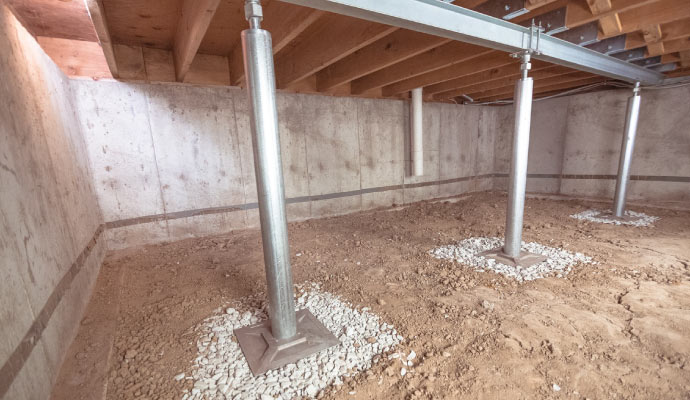 Crawl space with metal beams and concrete foundation