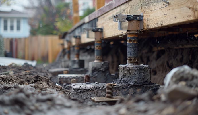 Close-up view of durable foundation piers or adjustable support jacks installed beneath a wooden structure Close-up view of durable foundation piers or adjustable support jacks installed beneath a wooden structure