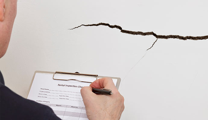 professional worker inspecting horizontal cracks on the wall