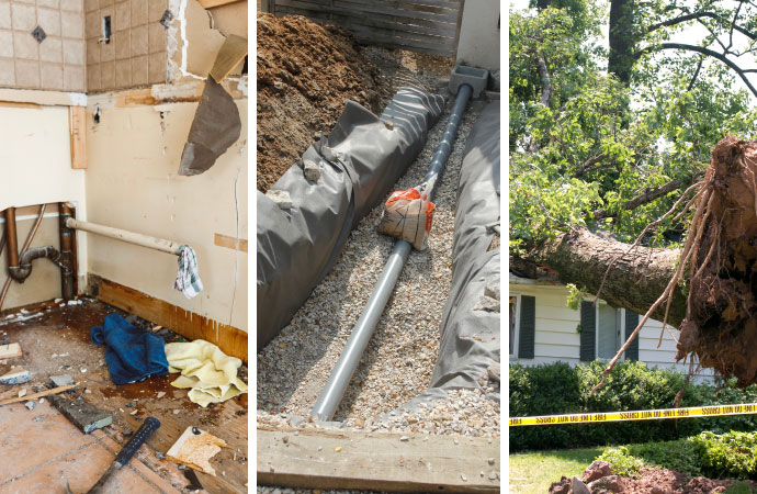 Collage image depicting plumbing leaks, poor drainage system, and tree roots alongside the house.