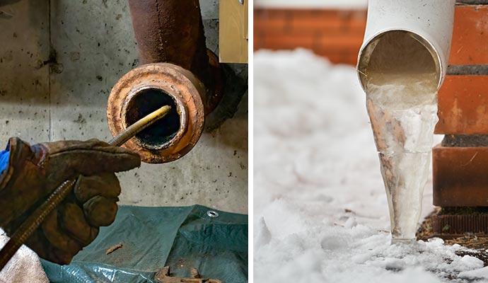 Collage of blocked drain pipe and clogged discharge